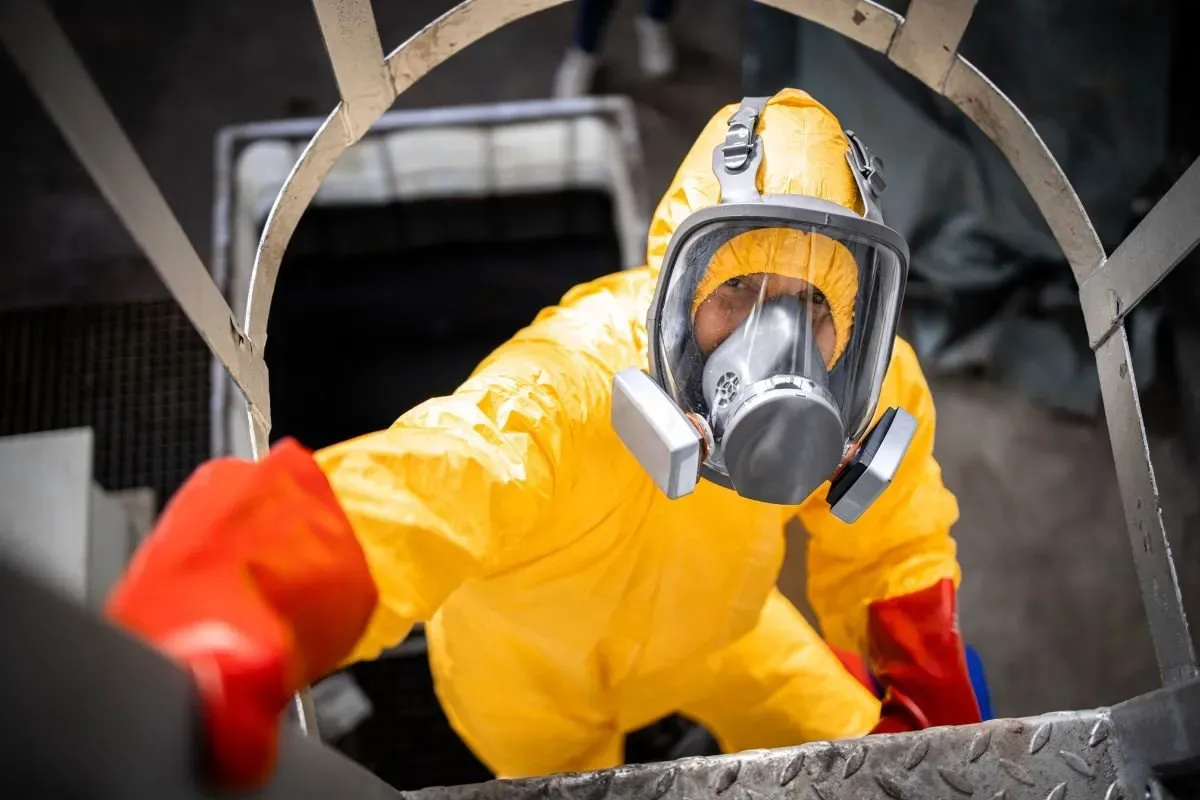 Person in yellow protective suit, full-face respirator, and red gloves climbing a metal staircase