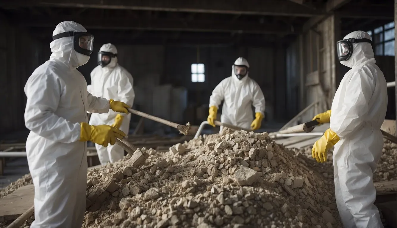 Workers in full PPE shovelling rubble during asbestos removal or clean-up.